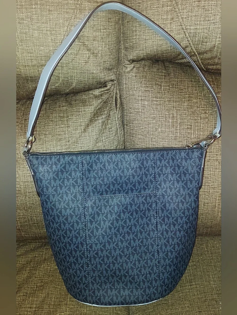 Michael Kors Navy Monogram Bucket Hobo with Light Blue Strap